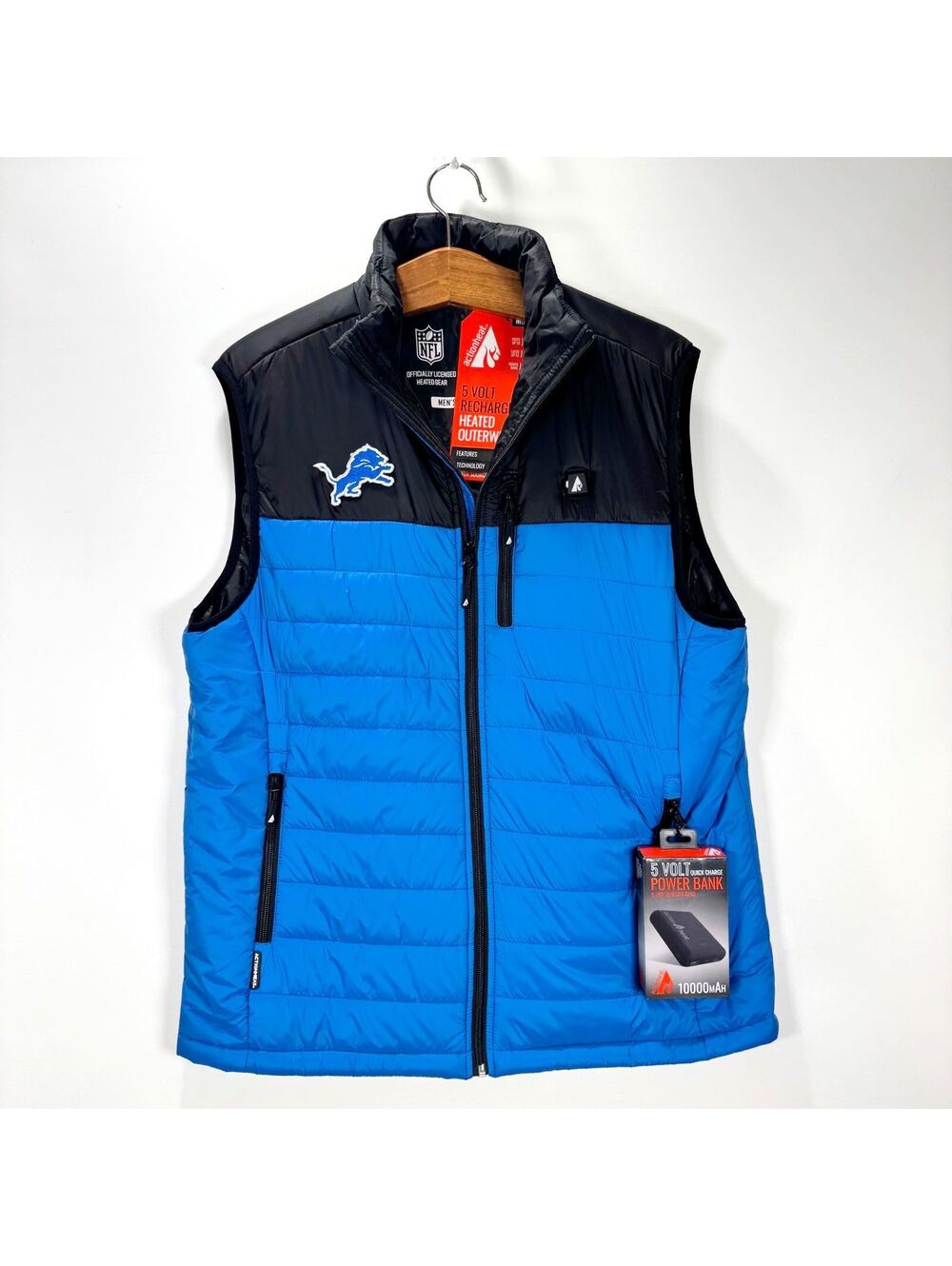 NWT ActionHeat Detroit Lions 5V Battery Heated Full-Zip Puffer Vest - L